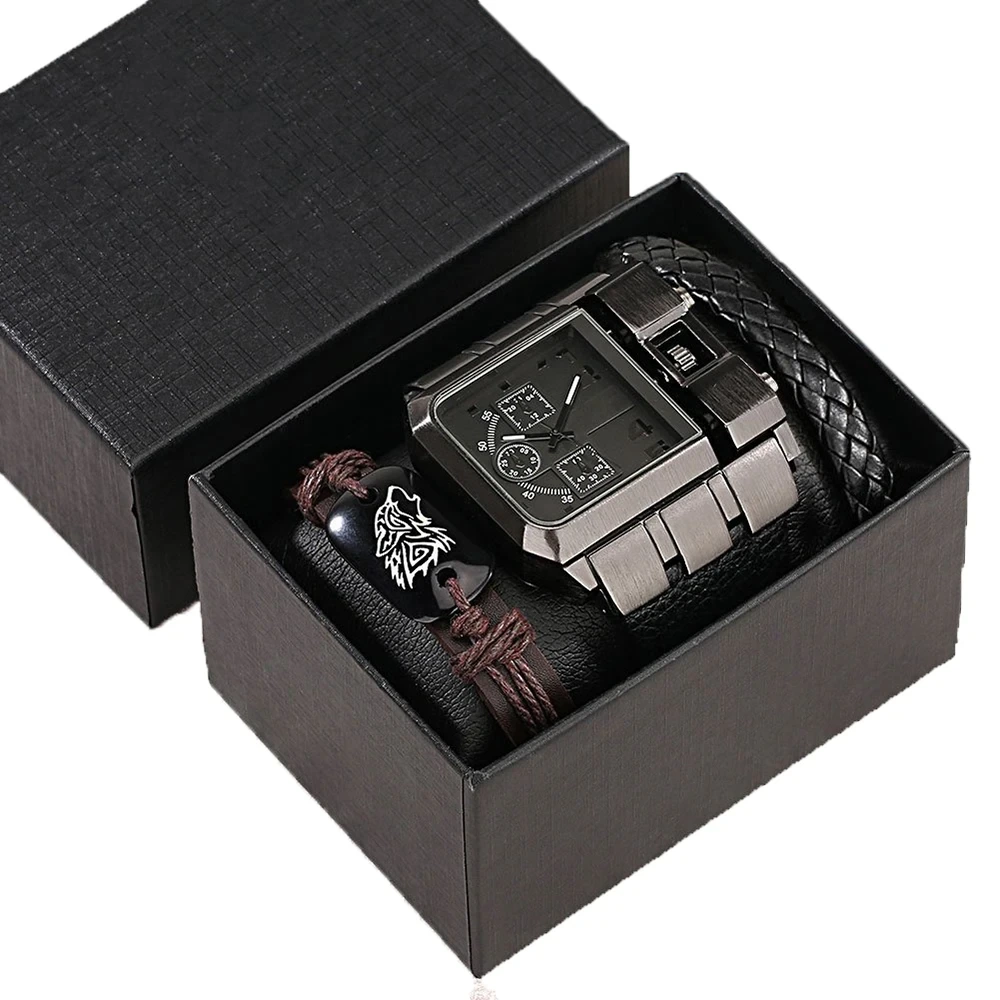 Free Sample Male Watch Fashion Casual Quartz Wristwatch Square Big Dial Bracelet Gift Set Watches 1