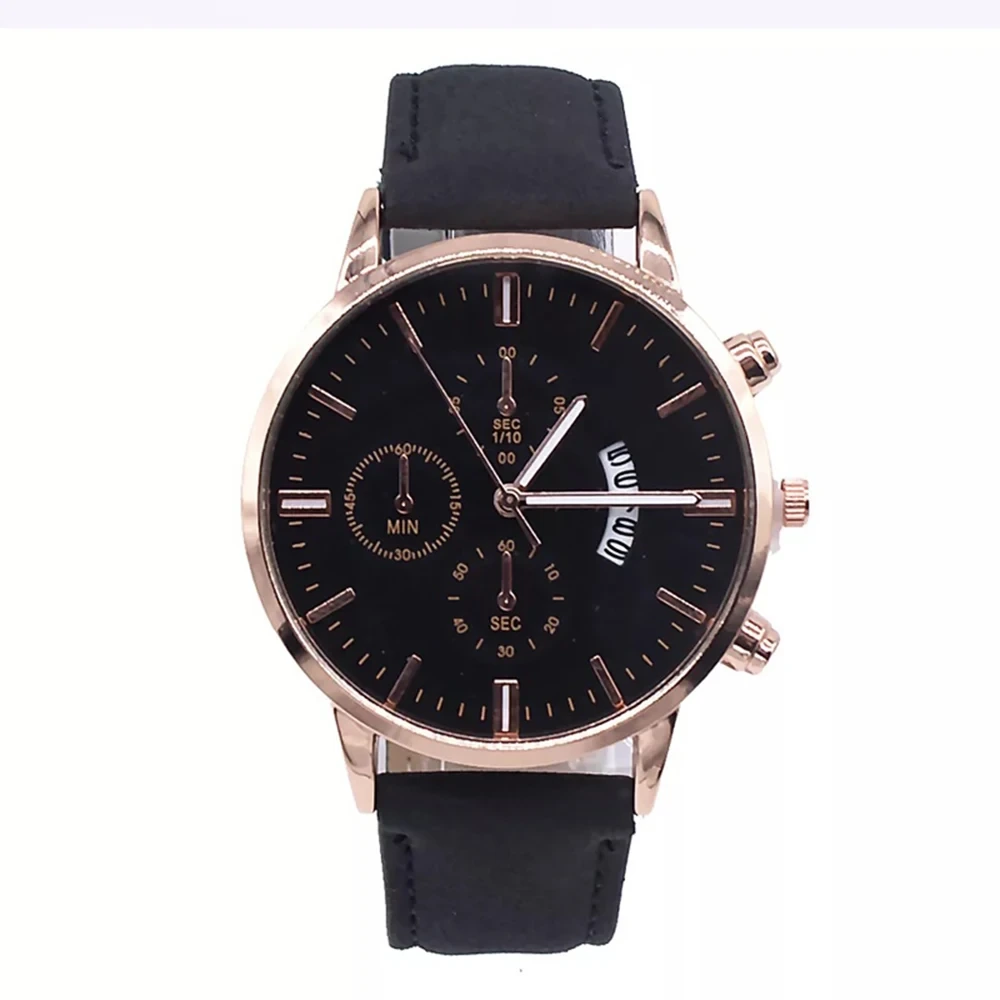 Échantillon gratuit homme Bracelet ensemble montres mode bande de cuir boîtier en alliage Quartz montre-Bracelet calendrier cadeau d'affaires montre 1