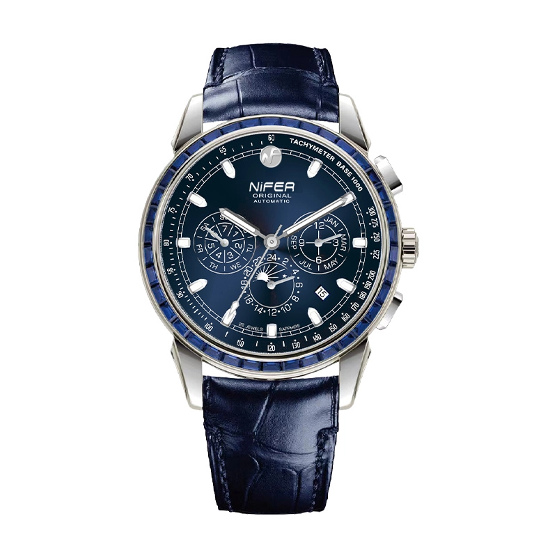 Men's Stainless Steel Moon Phase Multi-Function Calendar Chronograph Business Watch Mechanical Watch 1