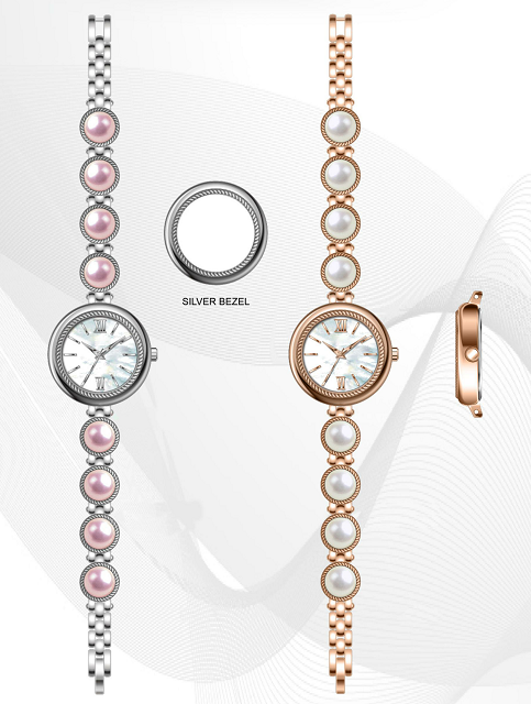 Pulseira de pérola com mostrador circular em formato de concha, exibindo um estilo vintage e elegante 2