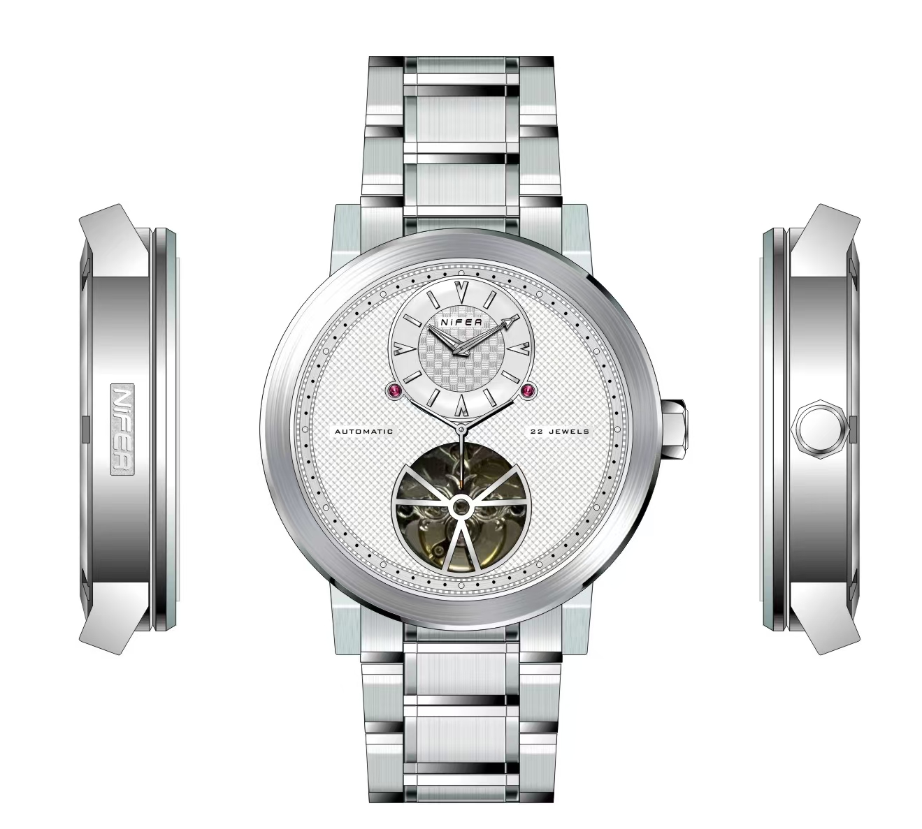 Nifer Minimalistische Herren-Skelett-Armbanduhr, mechanische Armbanduhr mit zwei Hilfszifferblättern, Edelstahlarmband, wasserdicht bis 5 ATM, Business-Uhr 3