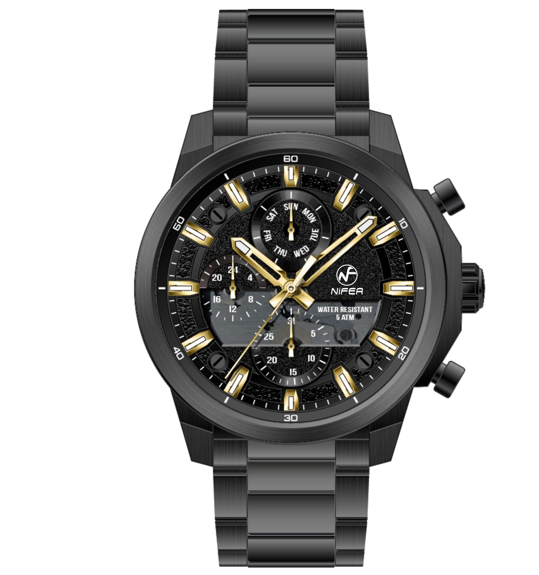 Nifer Multifunktions-Chronograph, Quarz-Armbanduhr, Edelstahl, Sportarmbanduhr für Herren 1