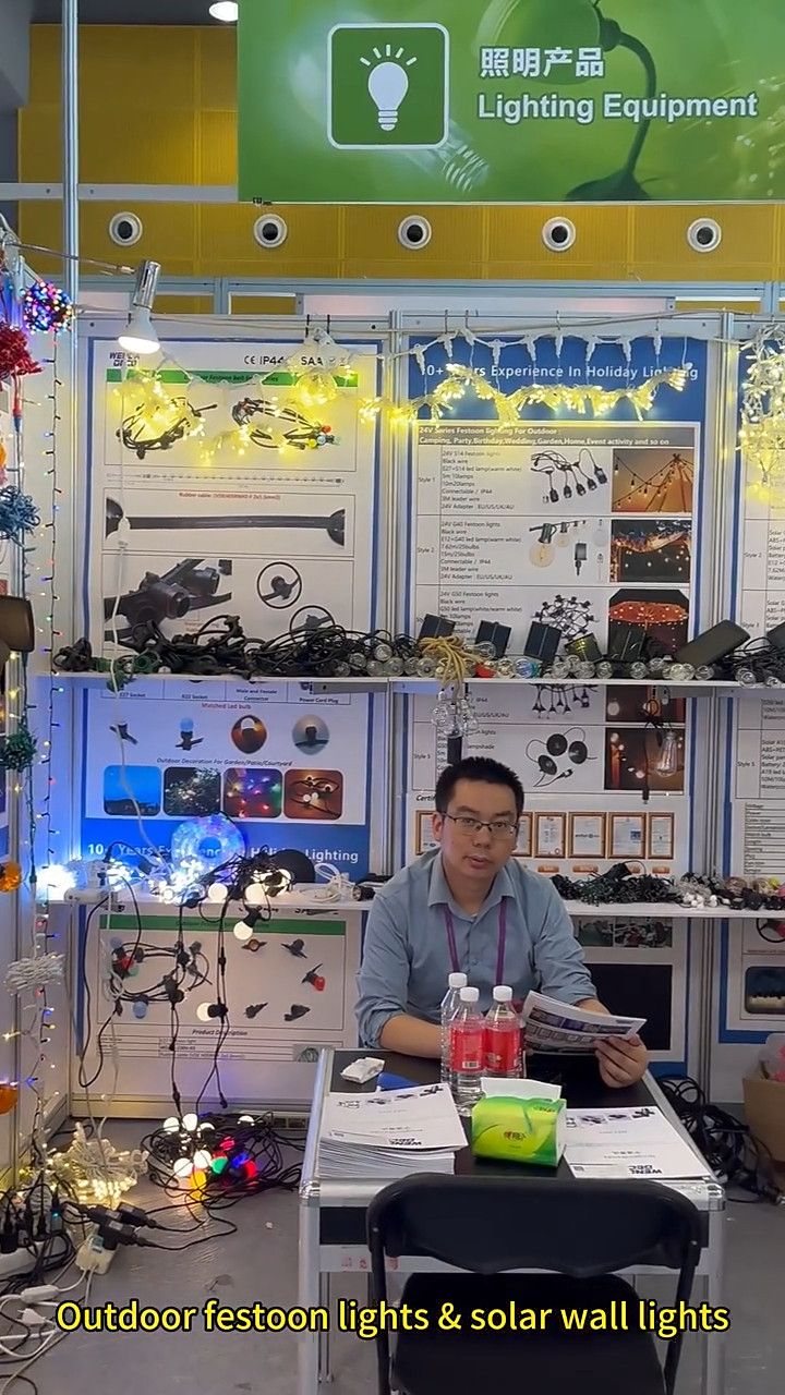 Вонкавыя гірлянды WENDADECO і насценныя свяцільні на сонечных батарэях на Кантонскім кірмашы 1