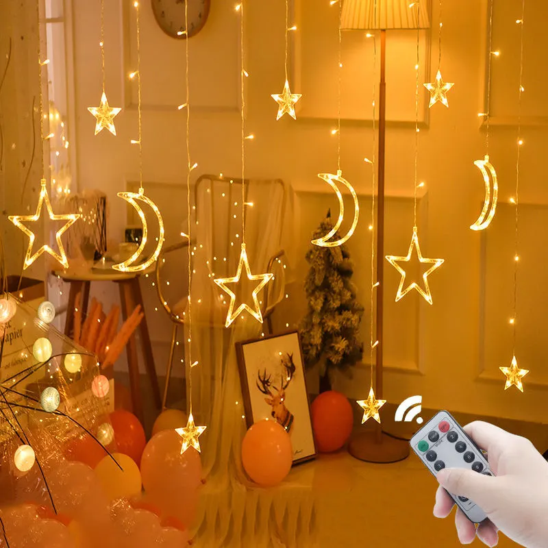 Dekorasi Natal memperhiasi 8 Mode Star Moon Fairy String Light LED Moon Star curtain Light Dengan Remote control 1