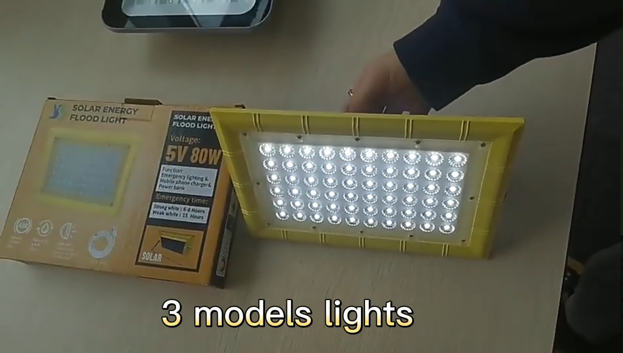 Lampu Sorot Tenaga Surya LED Portabel Tahan Air Dapat Diredupkan 4 Mode USB 80W Lampu Proyektor Pengisi Daya Bingkai Surya Darurat Luar Ruangan 1