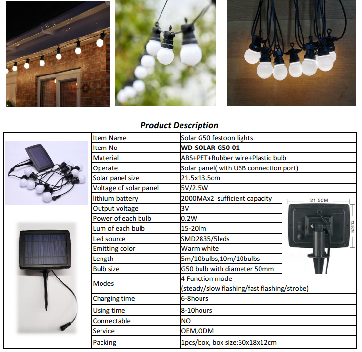 Corda de luzes solares de jardim de qualidade G50 lâmpada fabricante Wenda Deco 2