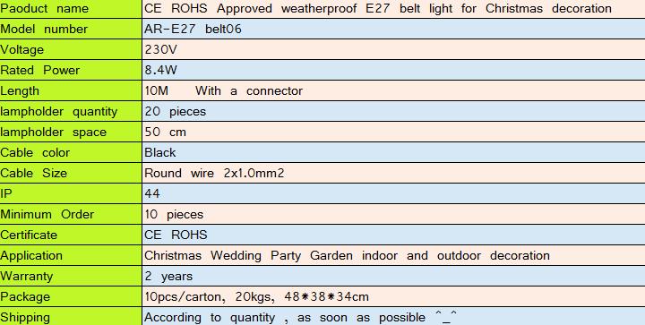 WENDA - Outdoor Party String Lighting E27 Belt Lights B22 Socket Festoon Christmas Garden Wedding Christmas Decoration Rubber Wire 10m Flat cable Belt lights 10