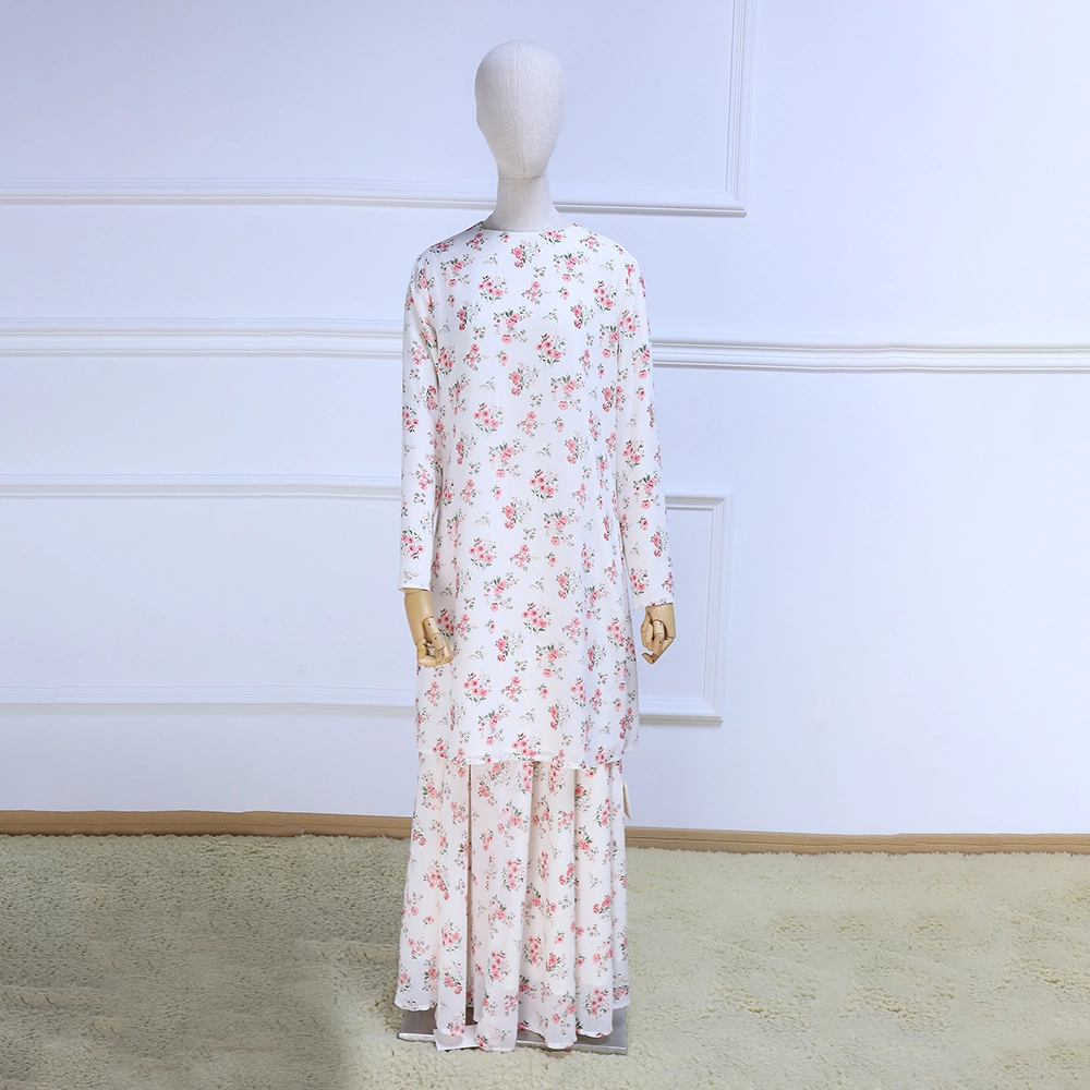 2024 New Malaysia Traditional Custom Pattern Blouse Skirt Set Floral Printing Heavy Chiffon CoTudung Girl Baju Kurung-1724668443698858 1