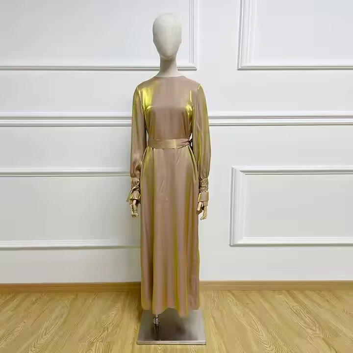 Customized Ankle Length Dress Solid Color Shiny Fashion Abaya Modest Maxi Dress 1