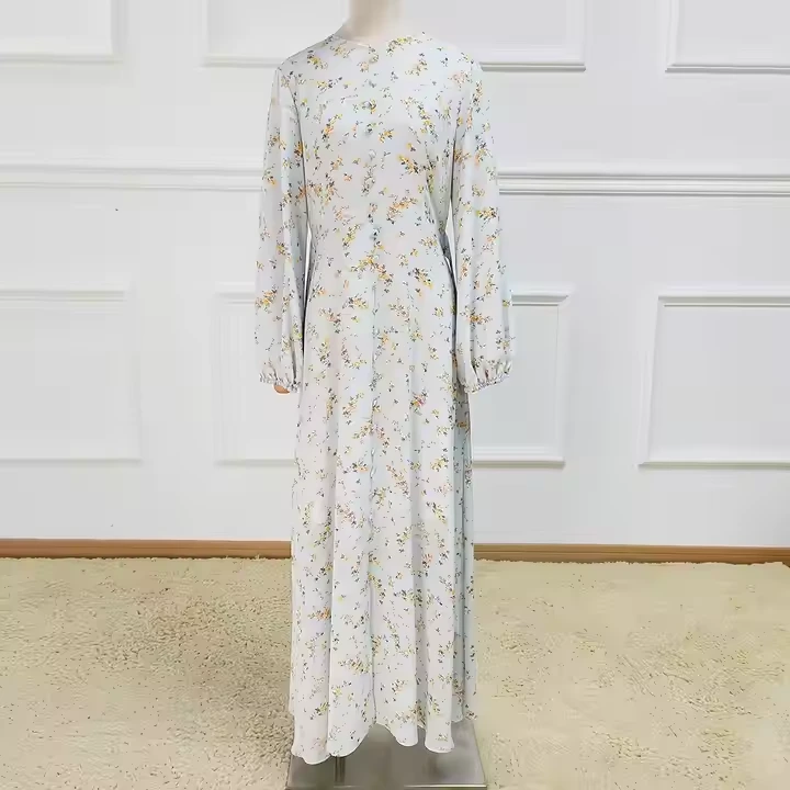 Summer Islamic Clothes Printed Flowers Dubai Abaya Chiffon Floral Dress Muslim Women 1