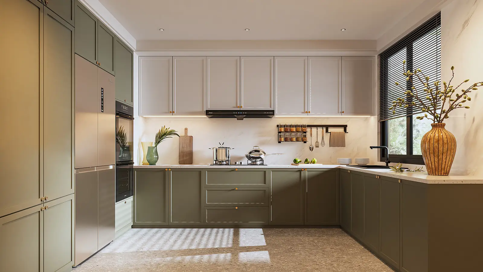 Mobile da cucina verde a forma di U 1