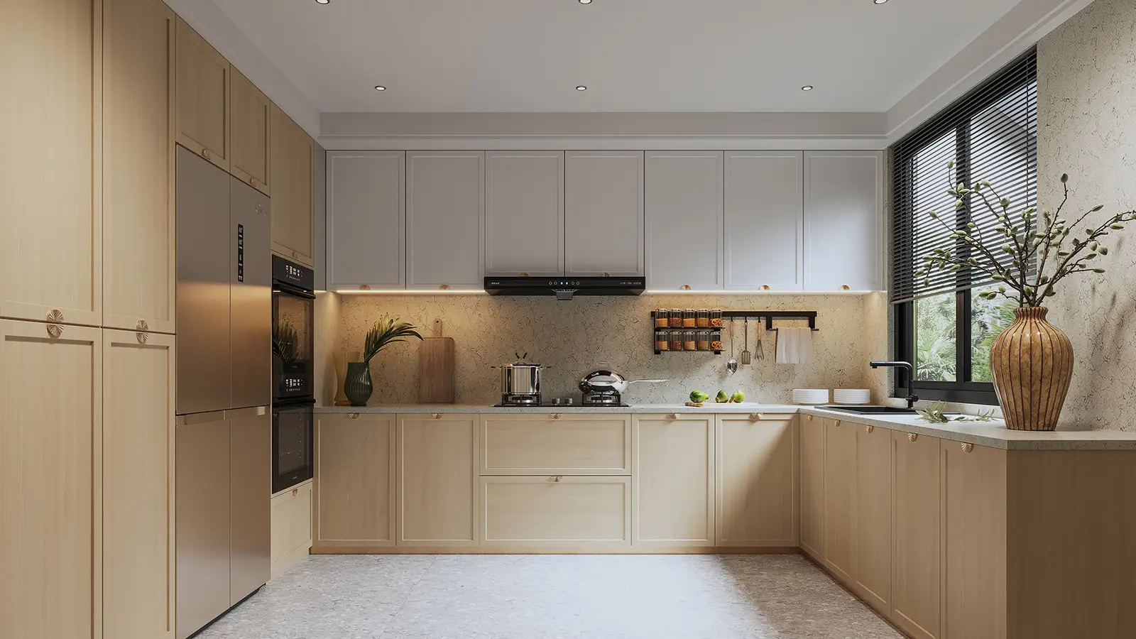 Mobile da cucina moderno in legno di quercia a forma di U 1