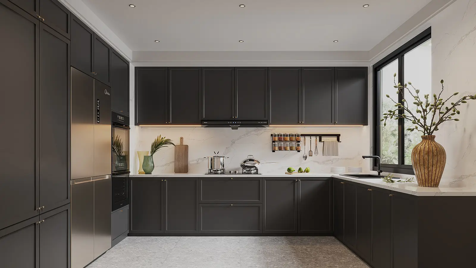 Mobile da cucina moderno nero a forma di U 1