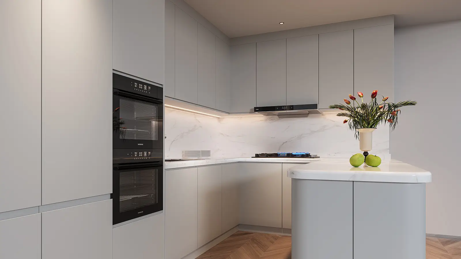 Изготовленный на заказ кремовый теплый кухонный шкаф 1