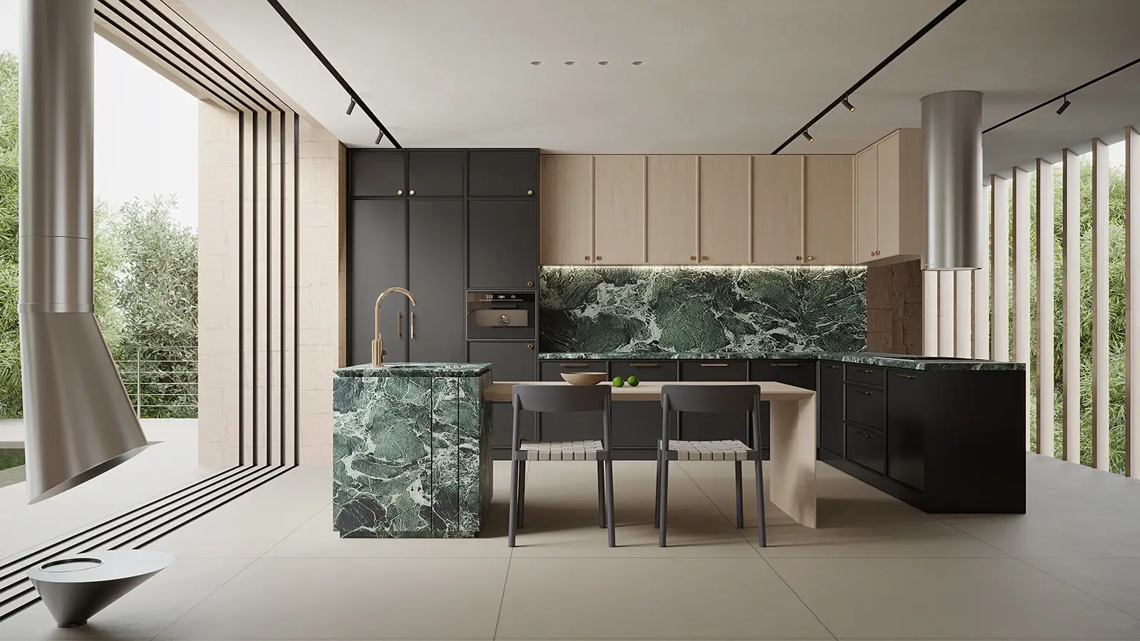 Gabinete de cocina negro moderno con roble 1