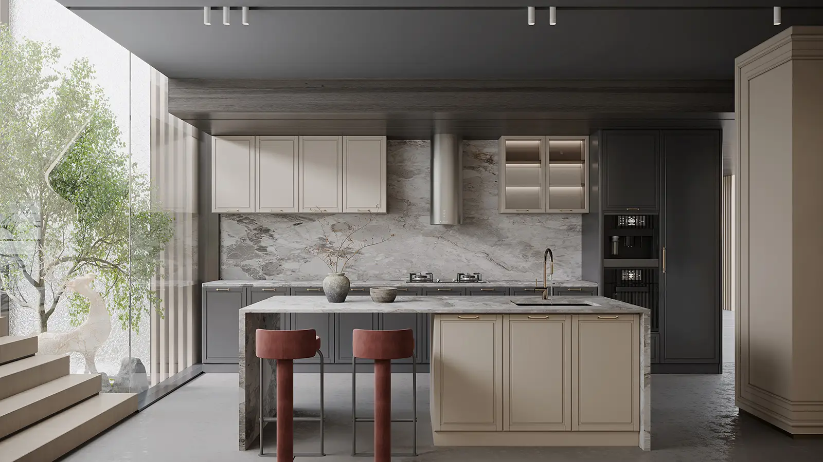 Cocina gris moderna con crema claro 1