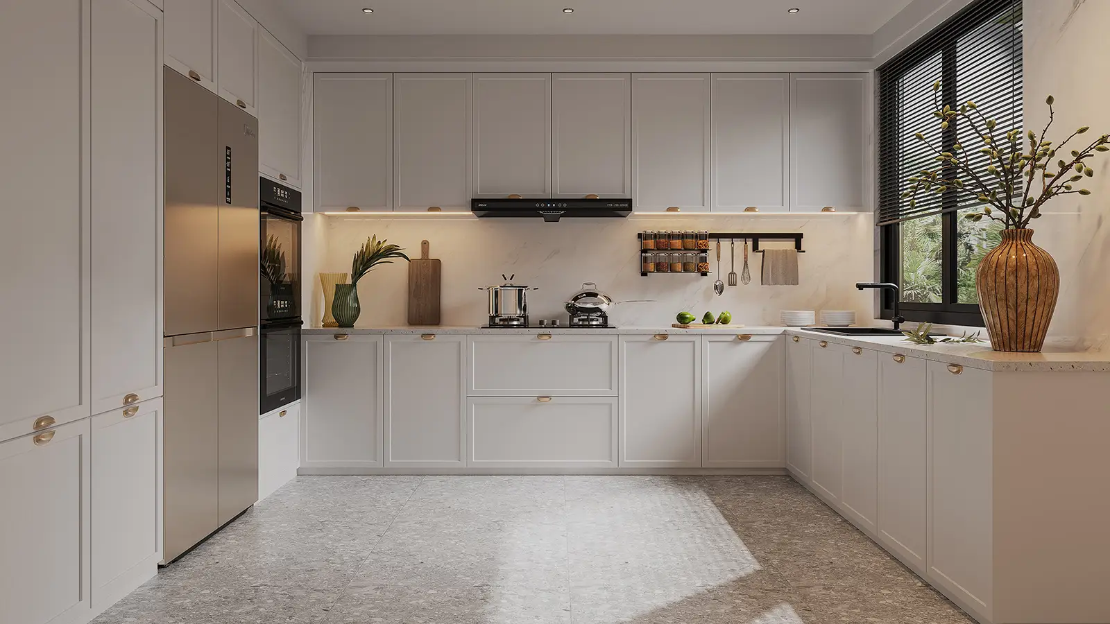 Белый современный U-образный кухонный шкаф 1