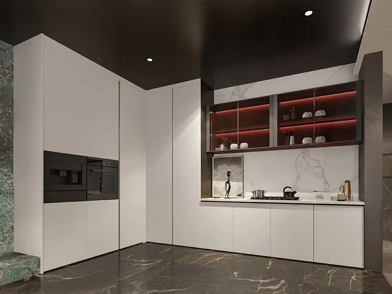 Forma a L bianca combinata con pavimenti scuri 1