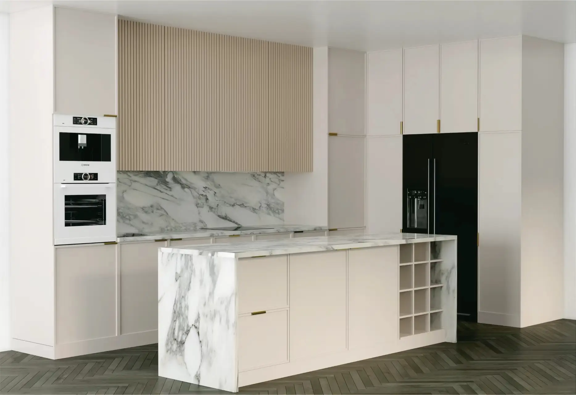 Г-образная современная белая кухня 1