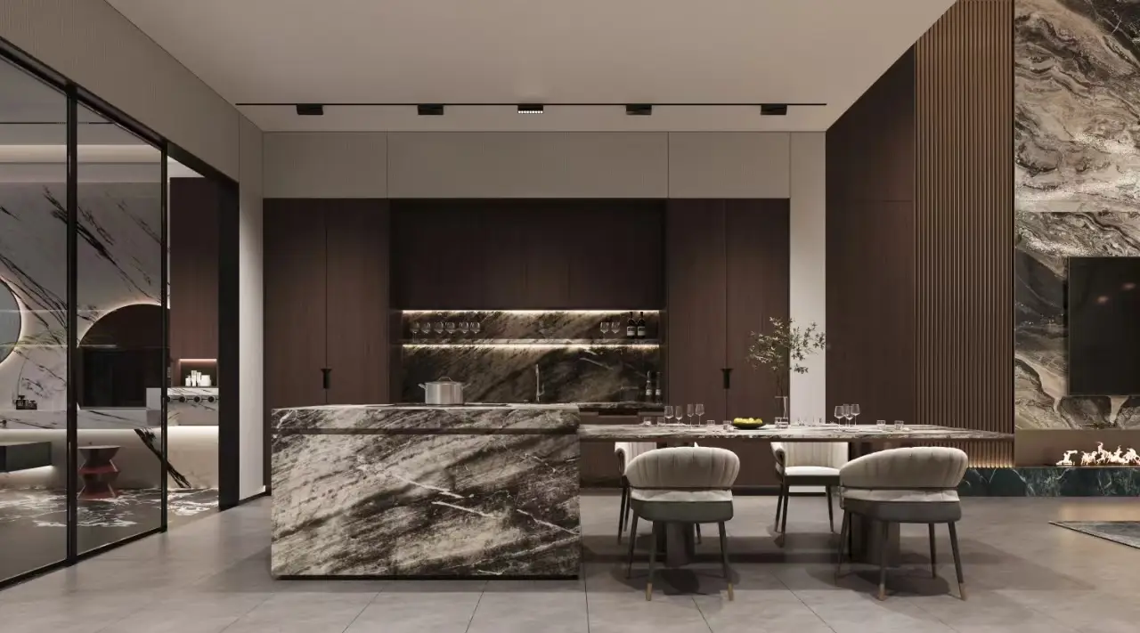 Nuevos diseños modernos de gabinetes de cocina marrones con acabado lacado mate y chapa de madera moderna 1