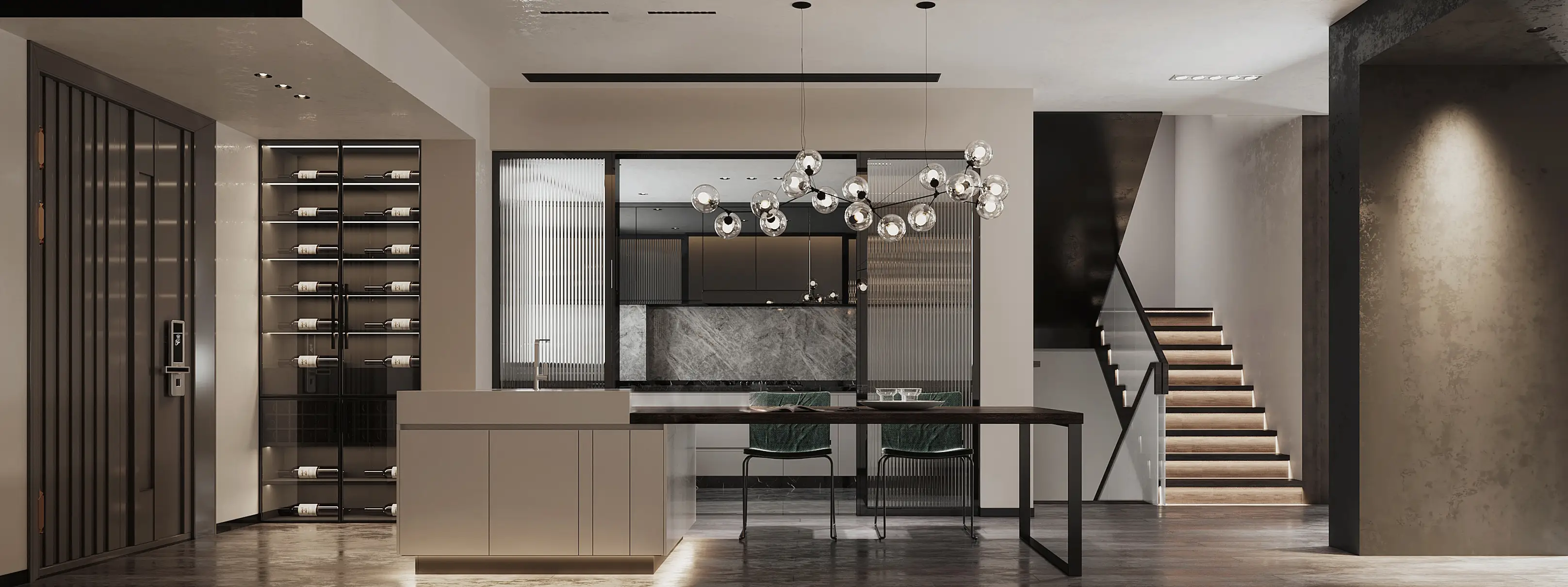 Cocina de línea recta de melamina de veta de madera estilo crema 1