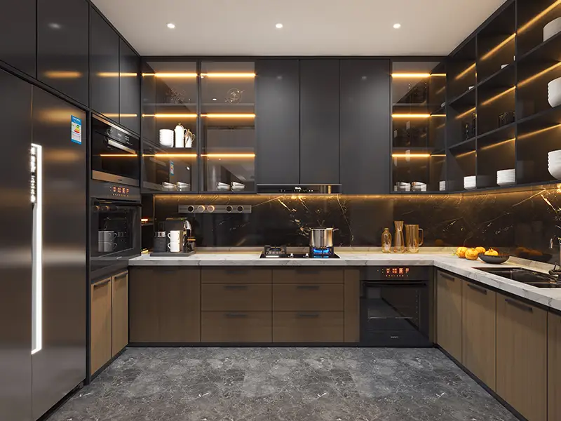 Design personalizzato in fabbrica pronto per il montaggio di mobili da cucina con isola in pannelli truciolari, mobili da cucina con striscia luminosa a LED1 1