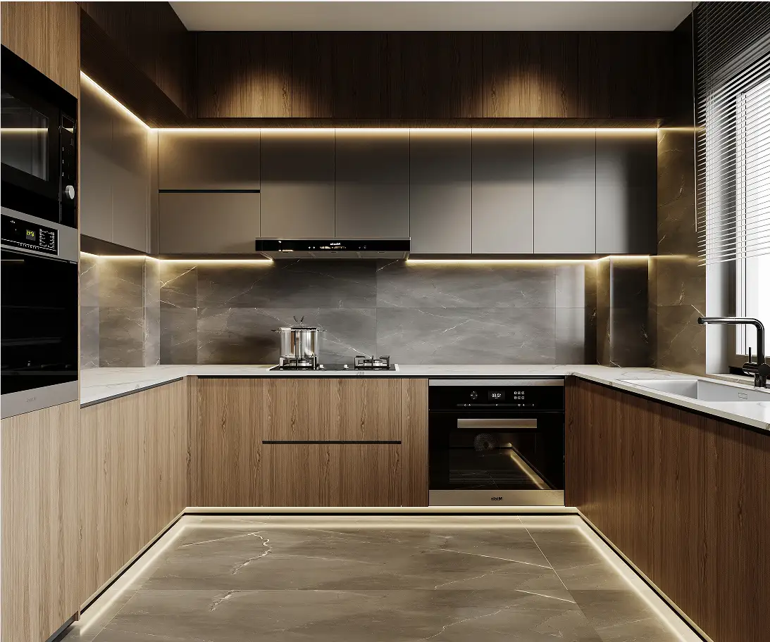 Gabinetes de cocina de chapa de madera con tira de luces LED 1