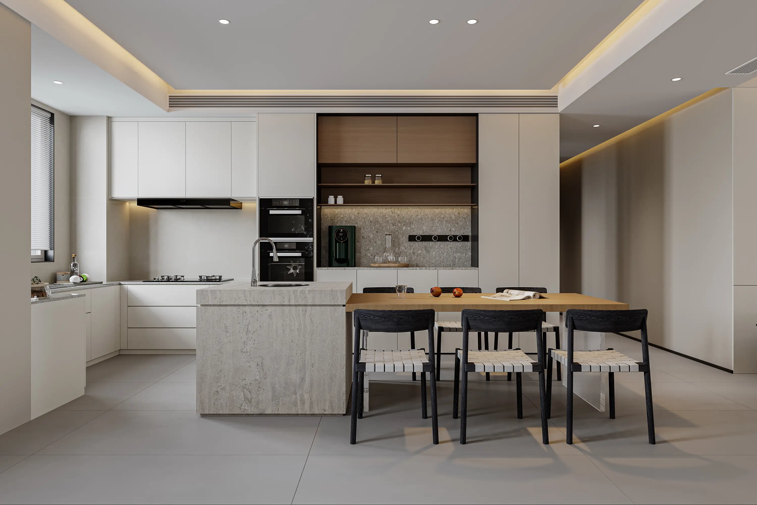 Mobili da cucina grigi e crema in stile moderno e minimalista 1