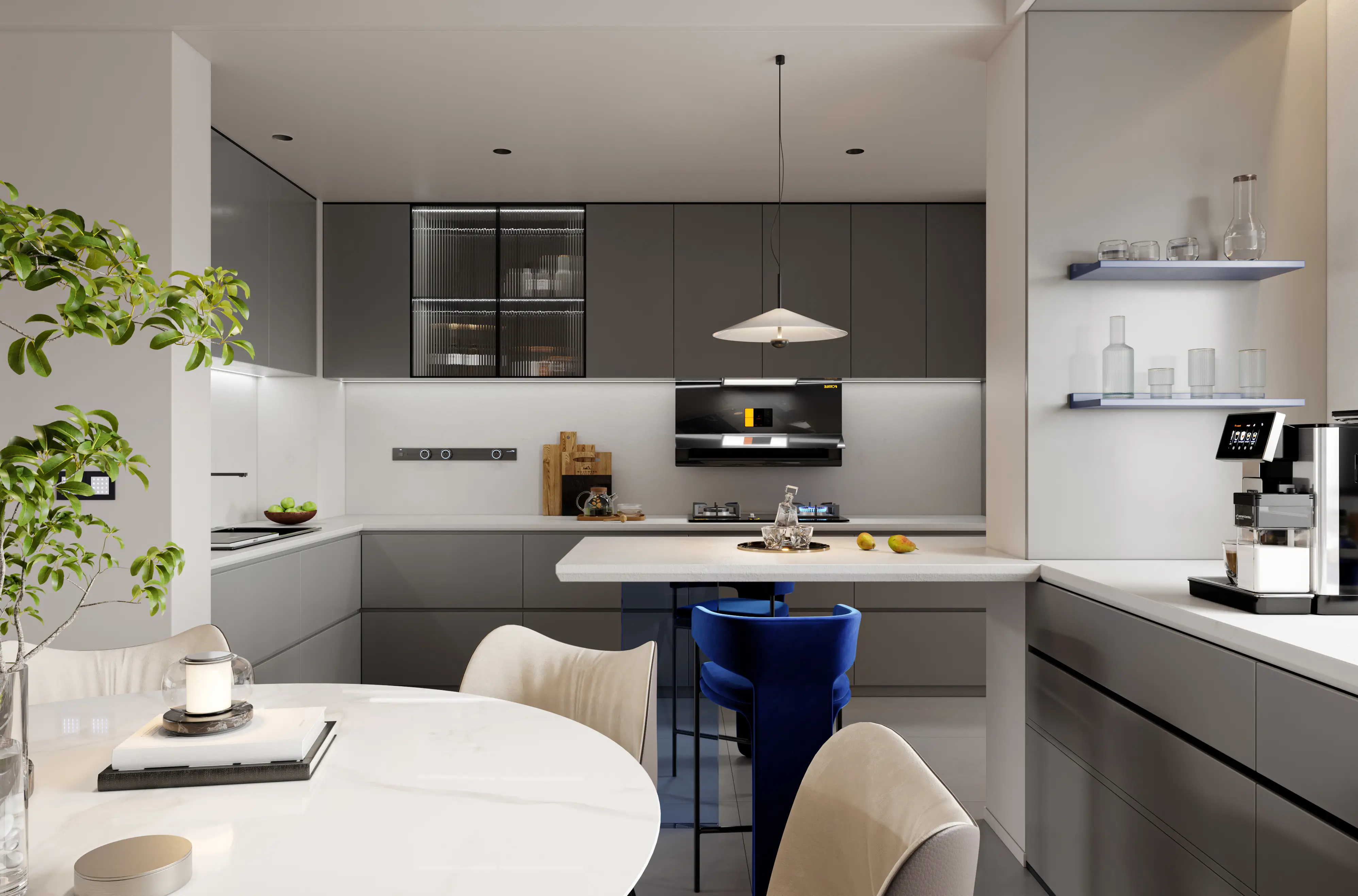 Mobili da cucina grigi e crema 1