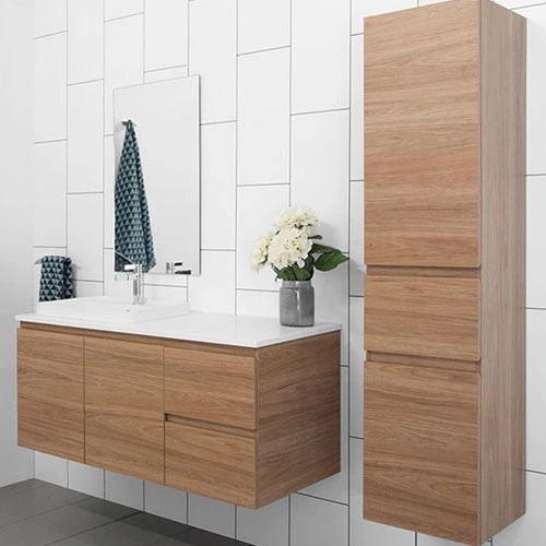 Wall mounted wood tone vanity 1
