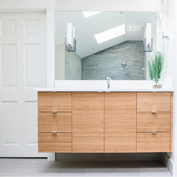 Slab door wood tone vanity 1
