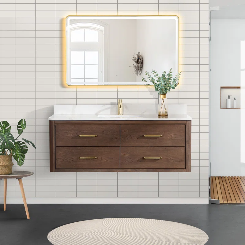 AllandCabinet Aged Dark Brown Oak Finish Undermount Single Sink Floating Bathroom Vanity with White Quartz Engineered Stone Top 5