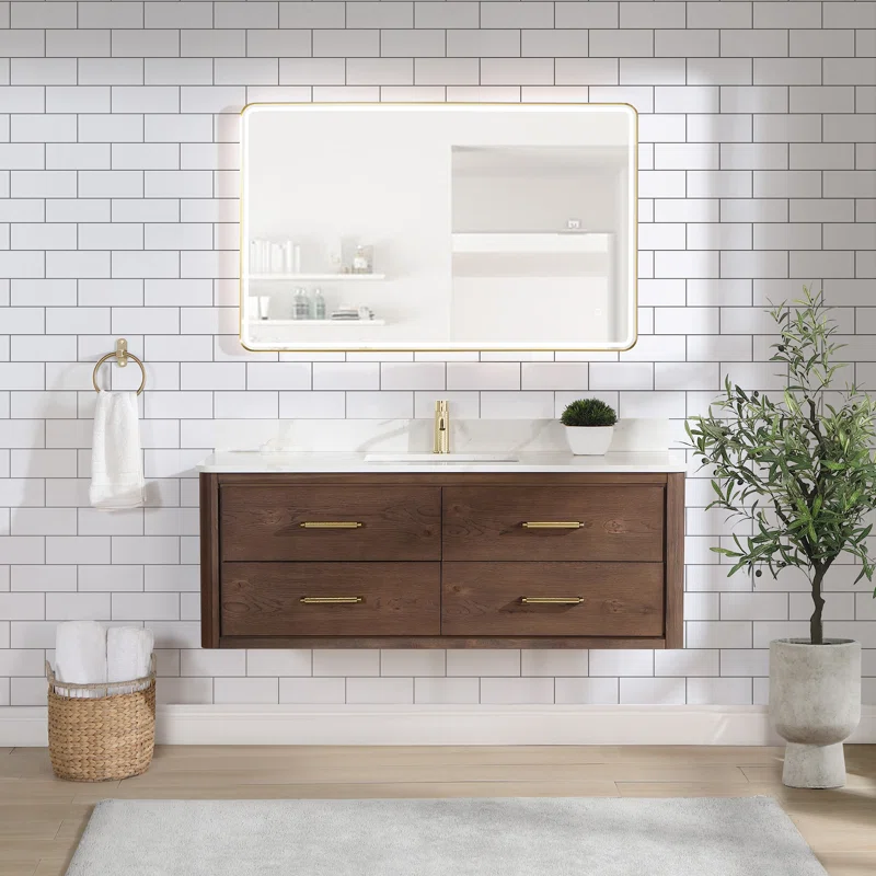 AllandCabinet Aged Dark Brown Oak Finish Undermount Single Sink Floating Bathroom Vanity with White Quartz Engineered Stone Top 1