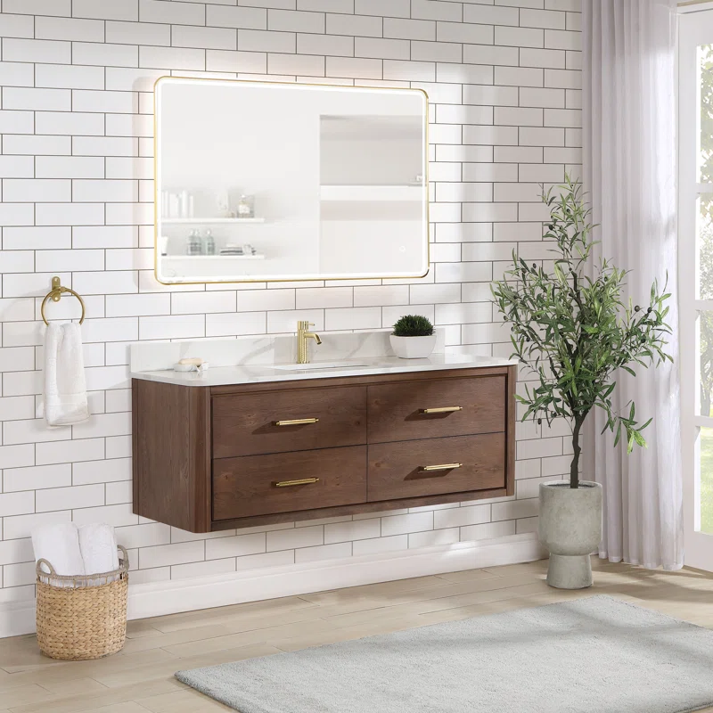 AllandCabinet Aged Dark Brown Oak Finish Undermount Single Sink Floating Bathroom Vanity with White Quartz Engineered Stone Top 4