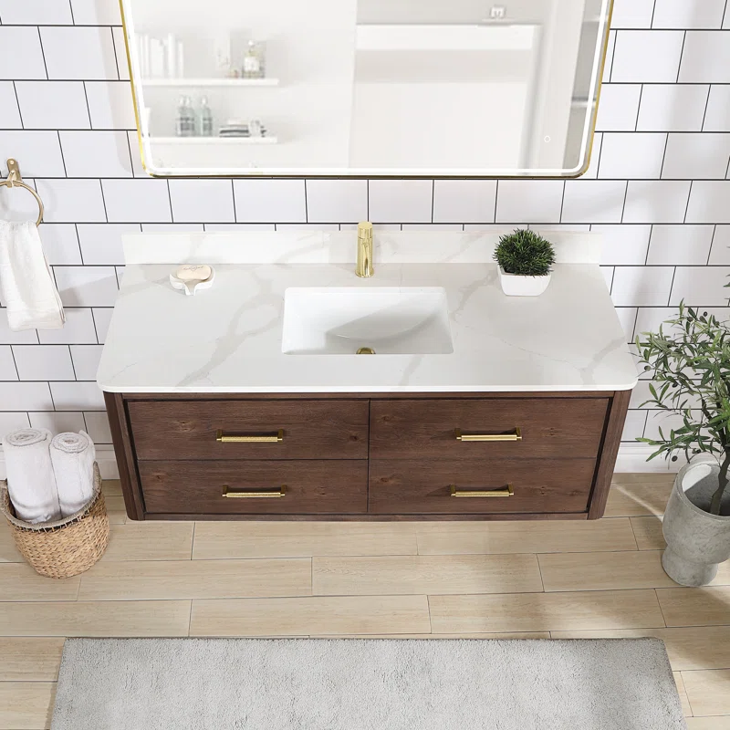AllandCabinet Aged Dark Brown Oak Finish Undermount Single Sink Floating Bathroom Vanity with White Quartz Engineered Stone Top 3