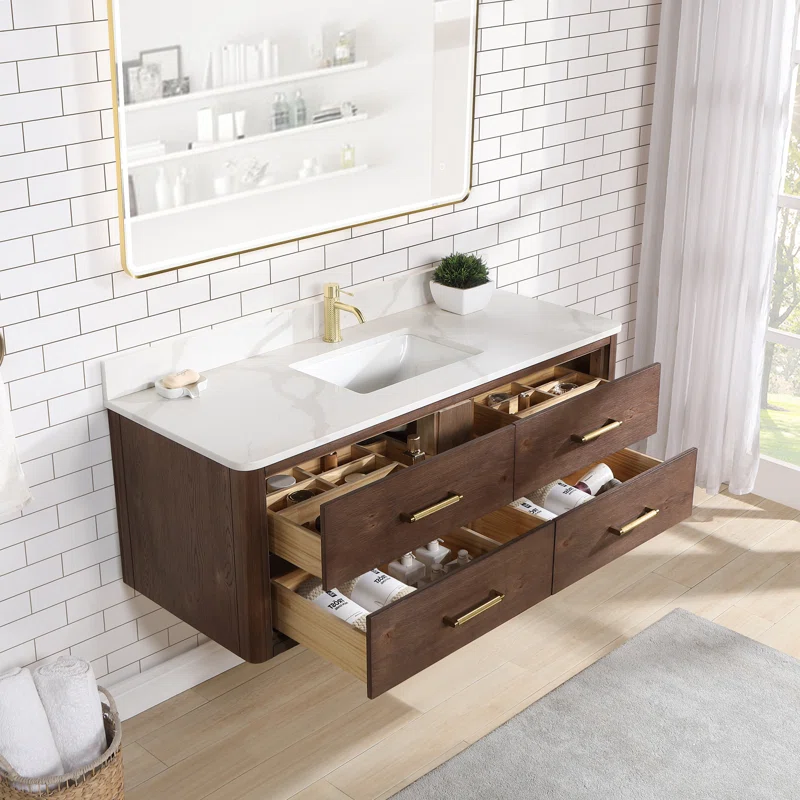 AllandCabinet Aged Dark Brown Oak Finish Undermount Single Sink Floating Bathroom Vanity with White Quartz Engineered Stone Top 2