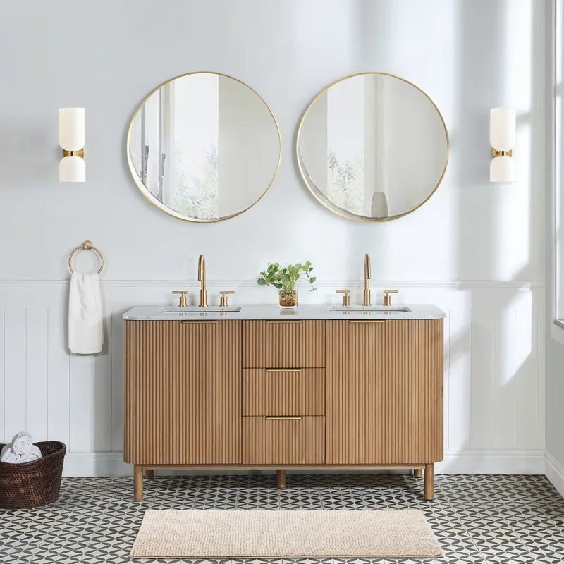 AllandCabinet Contemporary Style Double Bathroom Vanity Set With Beaded Natural Wood Panel 1