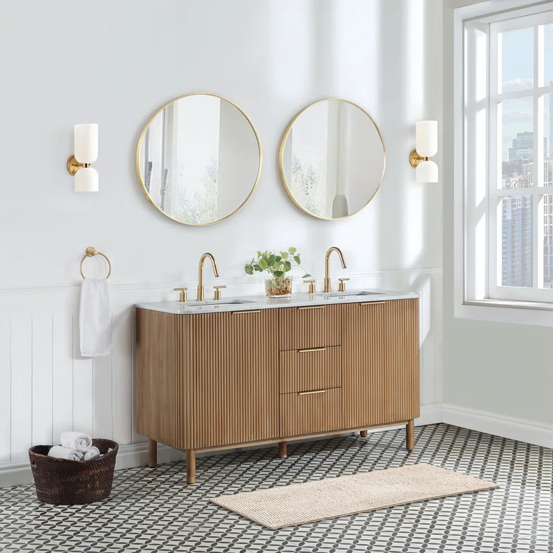 AllandCabinet Contemporary Style Double Bathroom Vanity Set With Beaded Natural Wood Panel 3