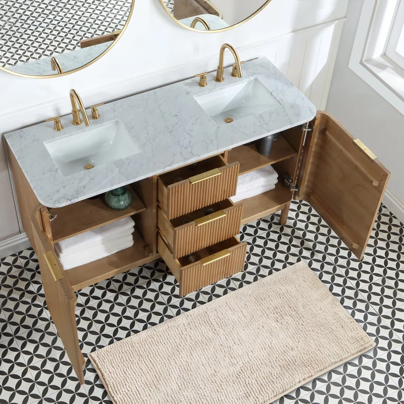 AllandCabinet Contemporary Style Double Bathroom Vanity Set With Beaded Natural Wood Panel 5