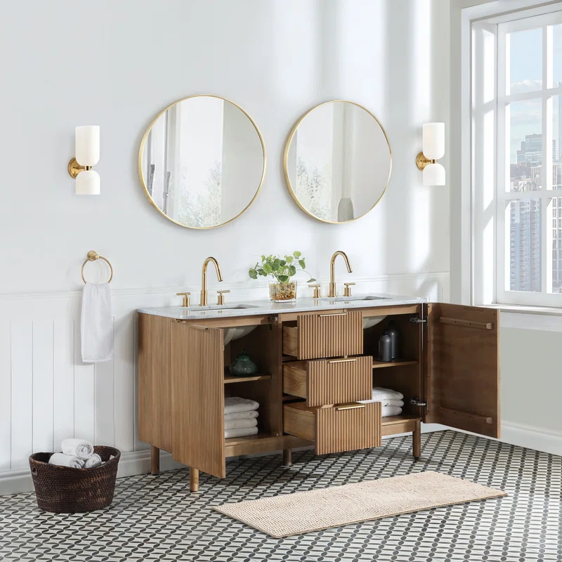 AllandCabinet Contemporary Style Double Bathroom Vanity Set With Beaded Natural Wood Panel 2