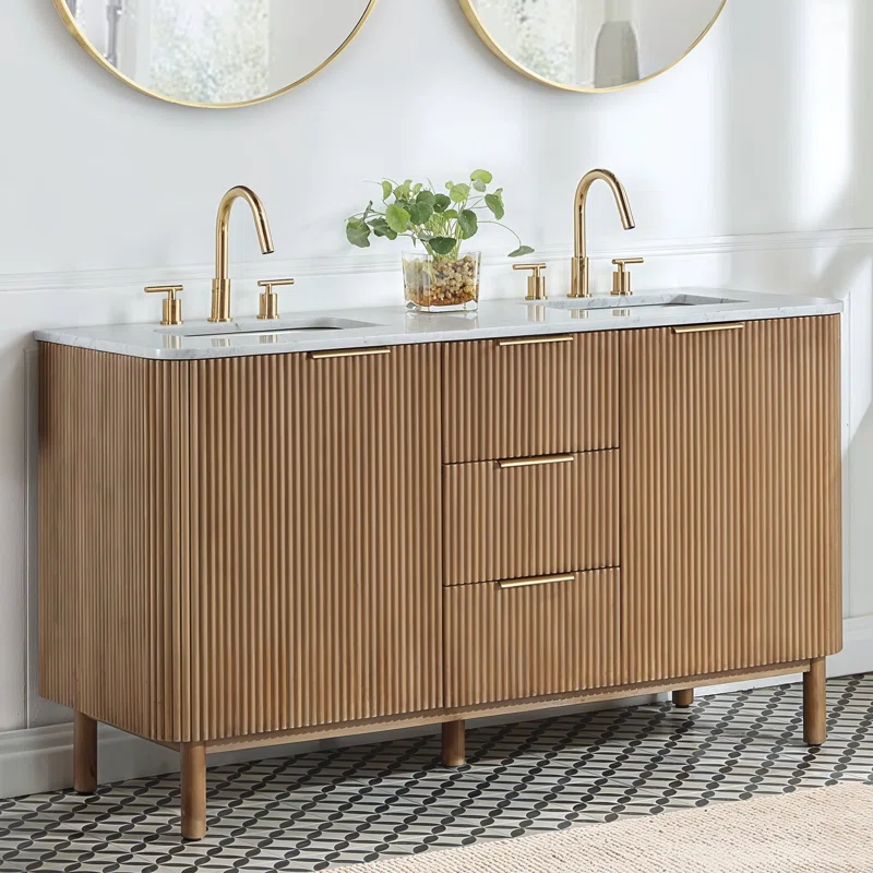 AllandCabinet Contemporary Style Double Bathroom Vanity Set With Beaded Natural Wood Panel 4