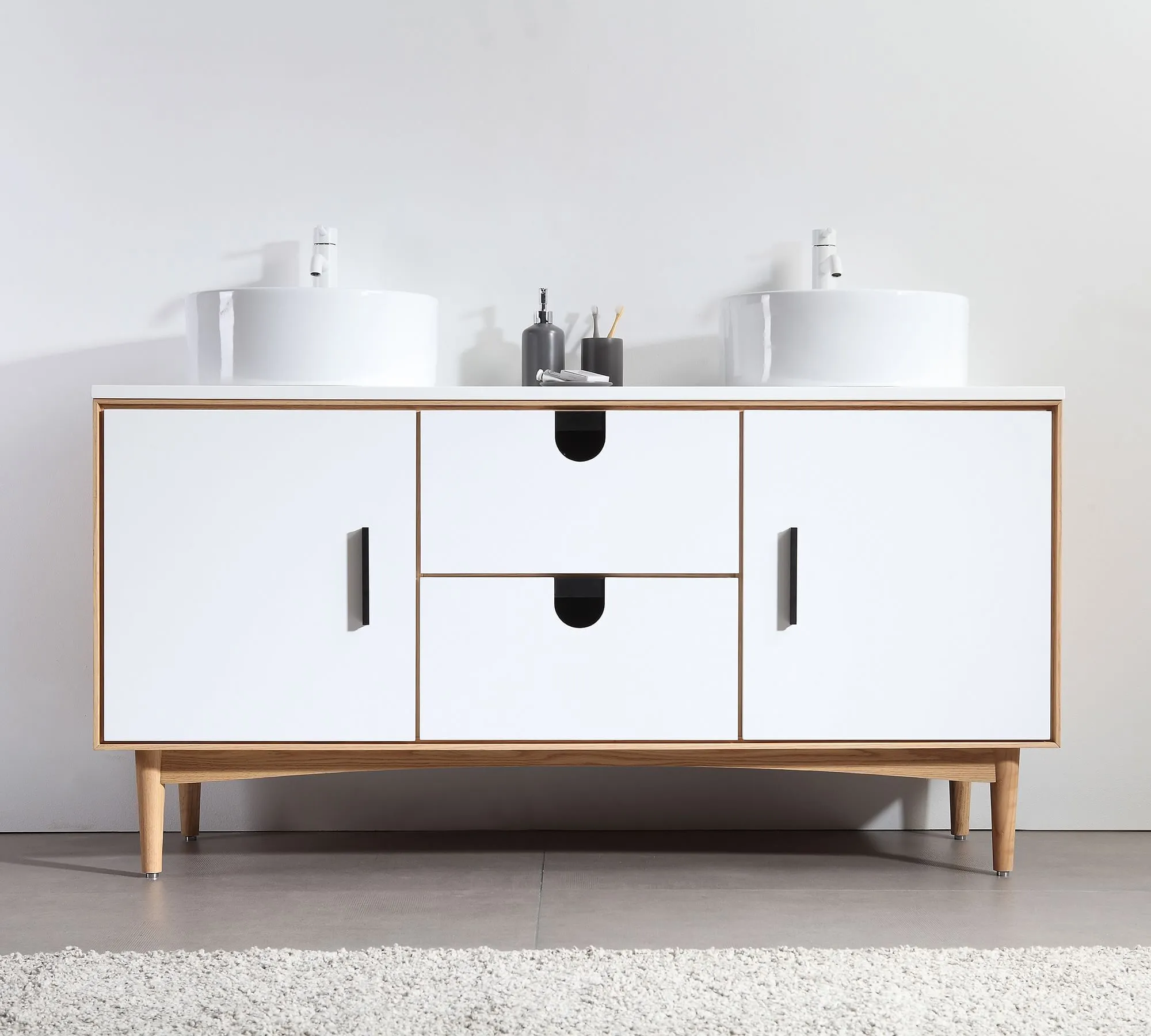 AllandCabinet Mattweißer Doppelwaschbecken-Badezimmerwaschtisch mit doppelten runden Keramikwaschbecken und reinweißer Quarzplatte 1