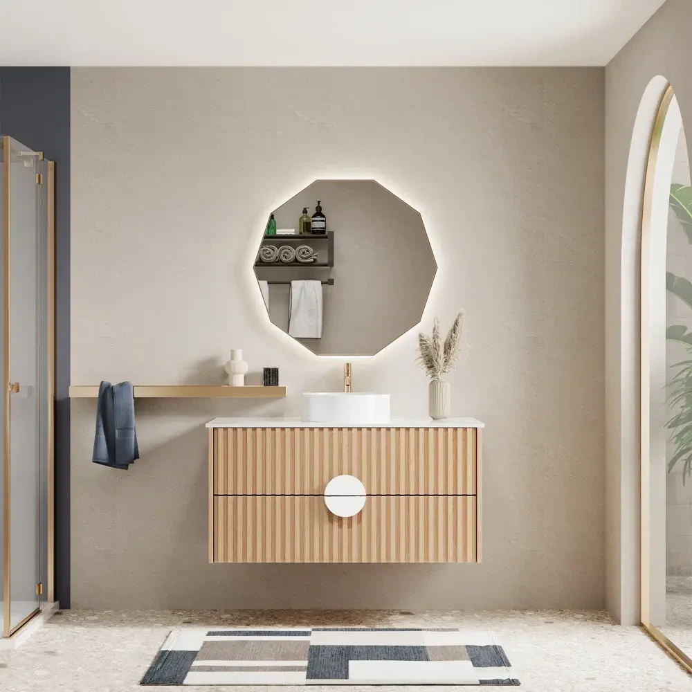 AllandCabinet Одинарный туалетный столик для ванной комнаты с деревянной панелью Shiplap Настенное крепление Раздвижная дверь Столешница из искусственного мрамора 1