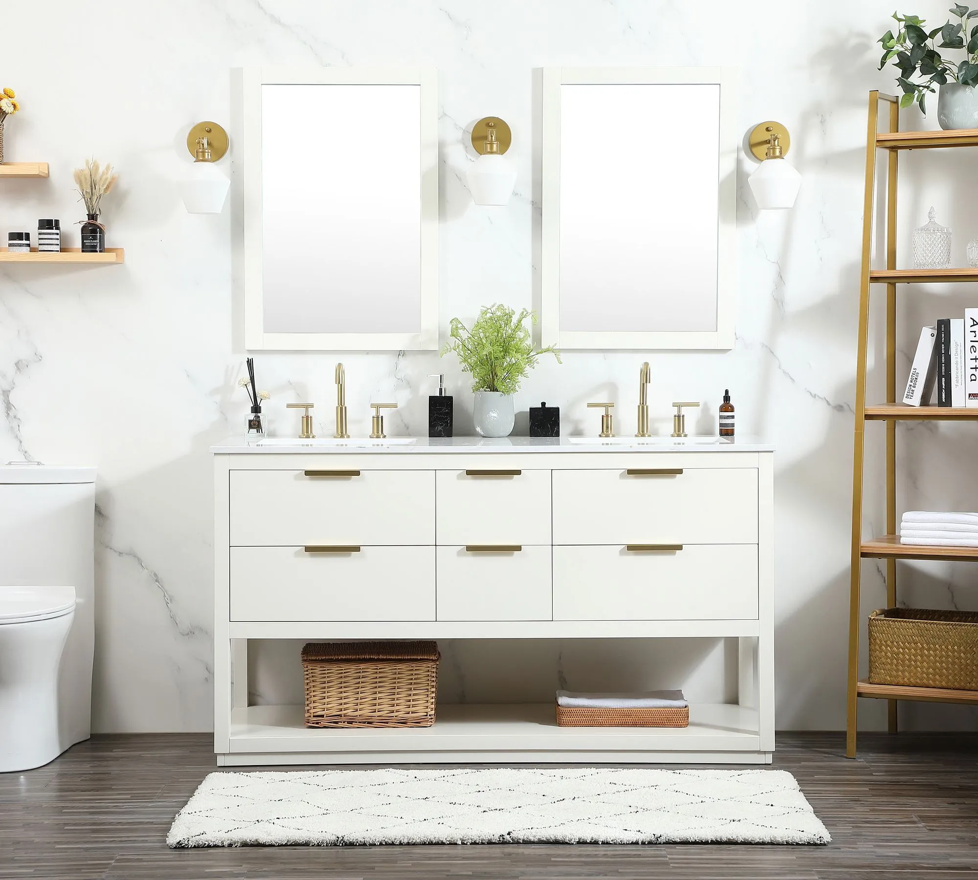 AllandCabinet Elegant eingerichteter, weißer Unterbau-Doppelwaschbecken-Badezimmer-Waschtisch mit Calacatta-weißer Quarzplatte und eingebauter unterer Ablage 1