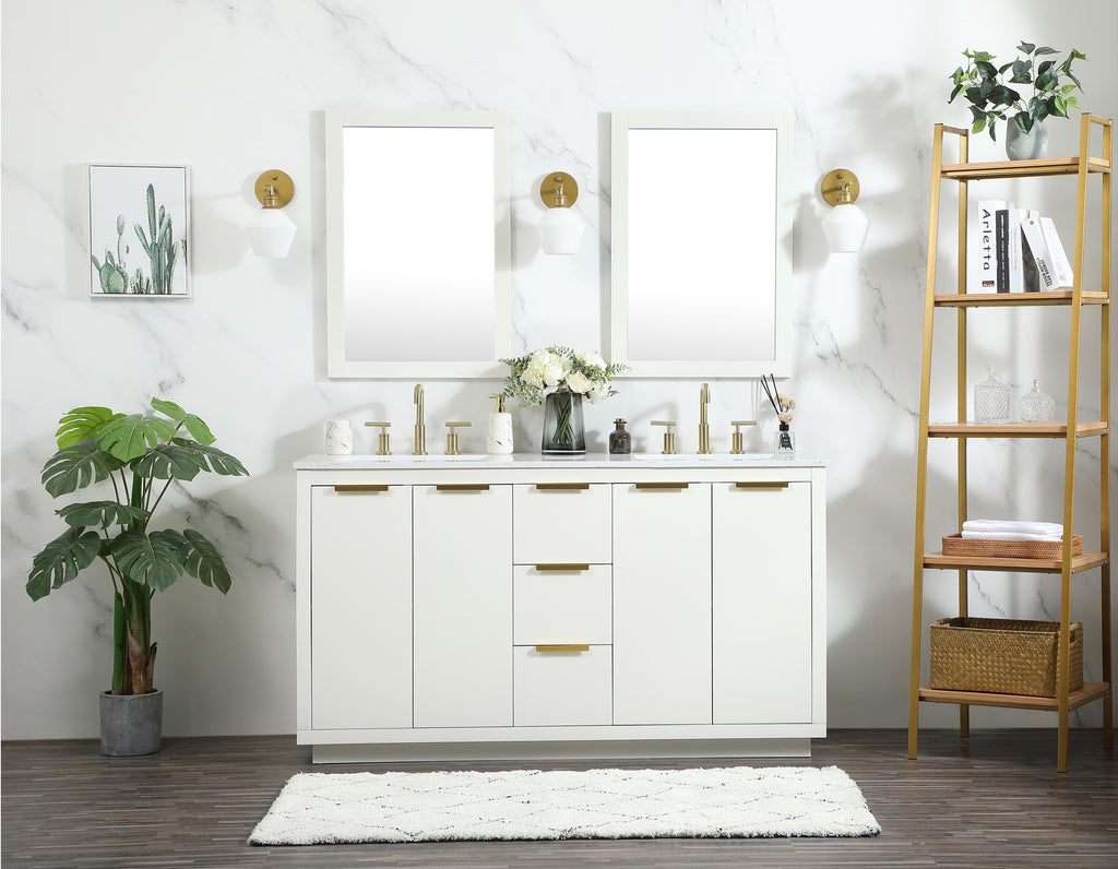 AllandCabinet MDF Double Bathroom Vanity in White Lacquer Slab Panel With Marble Top 1