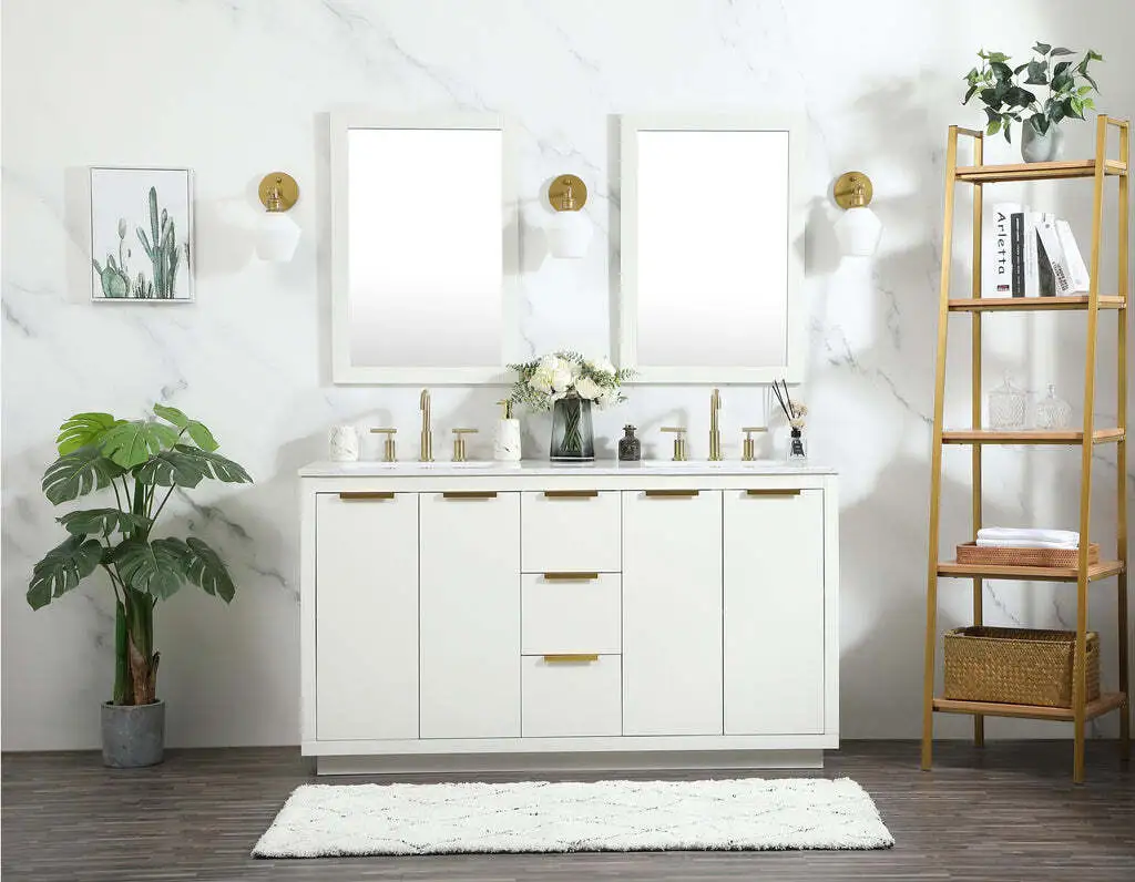 Pia de banheiro duplo AllandCabinet MDF em painel de laje de laca branca com tampo de mármore 1