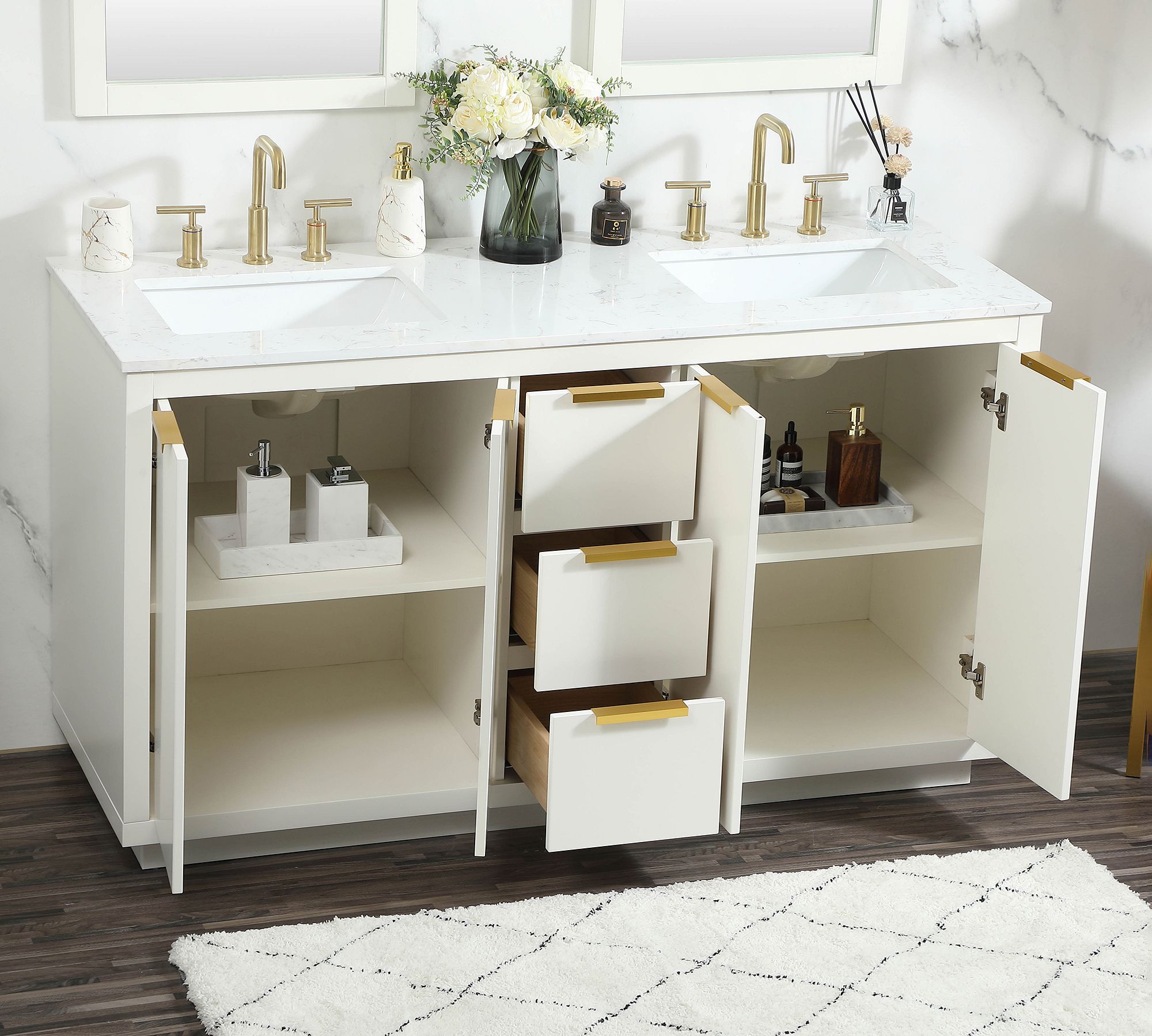 AllandCabinet MDF Double Bathroom Vanity in White Lacquer Slab Panel With Marble Top 6