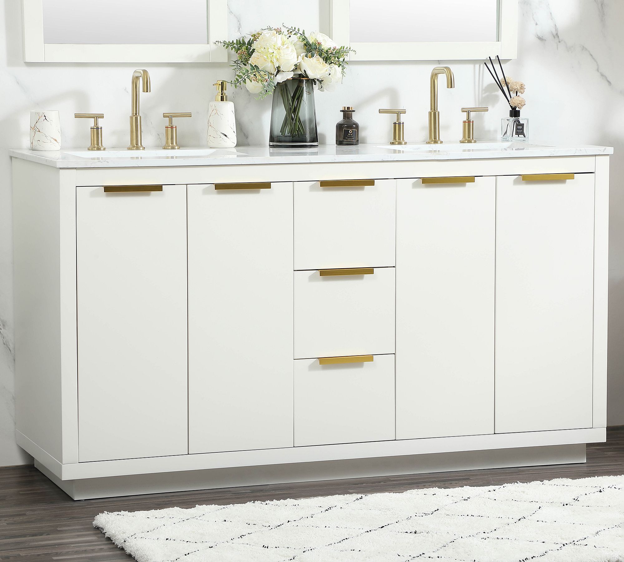 AllandCabinet MDF Double Bathroom Vanity in White Lacquer Slab Panel With Marble Top 4