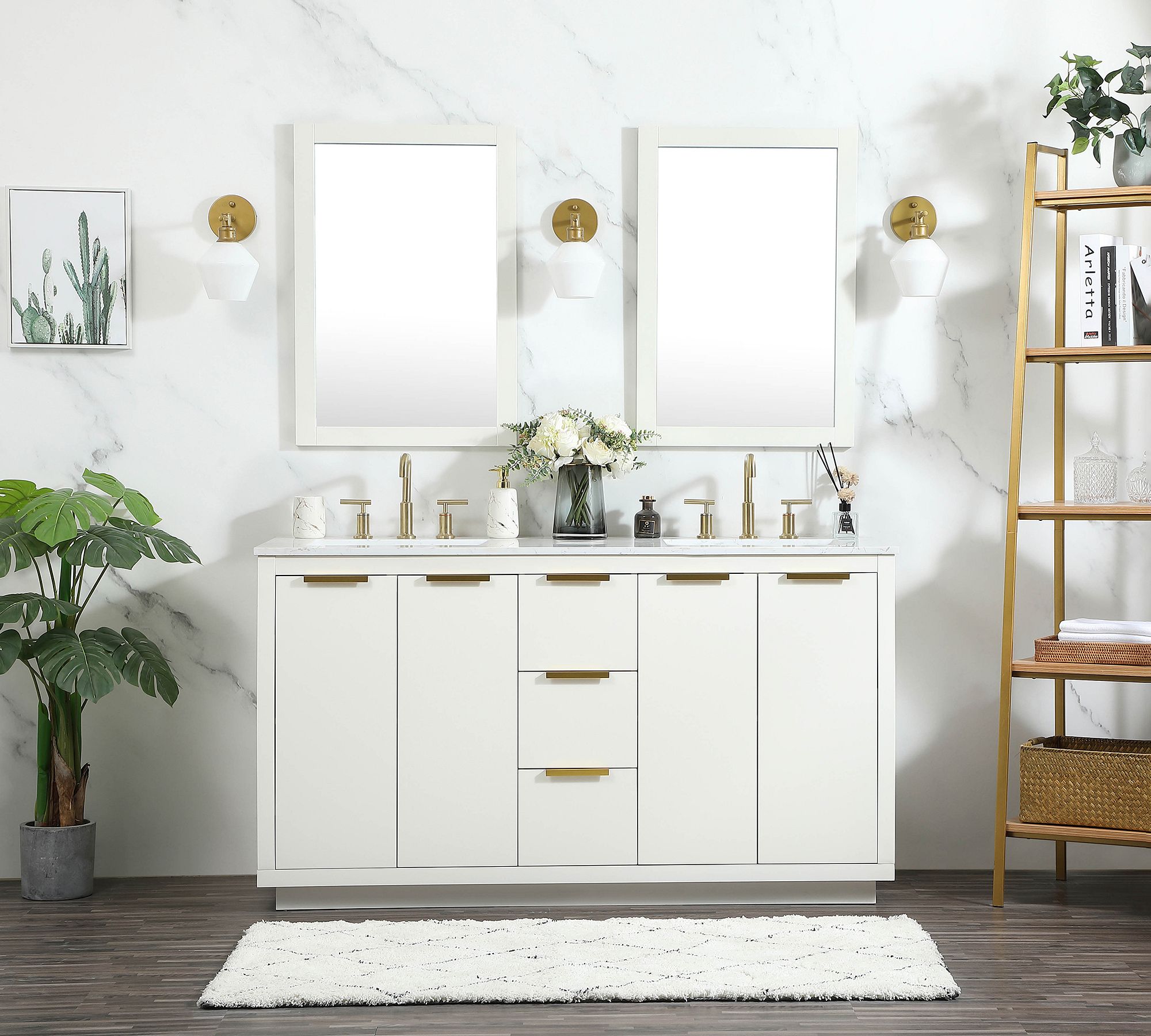 AllandCabinet MDF Double Bathroom Vanity in White Lacquer Slab Panel With Marble Top 3