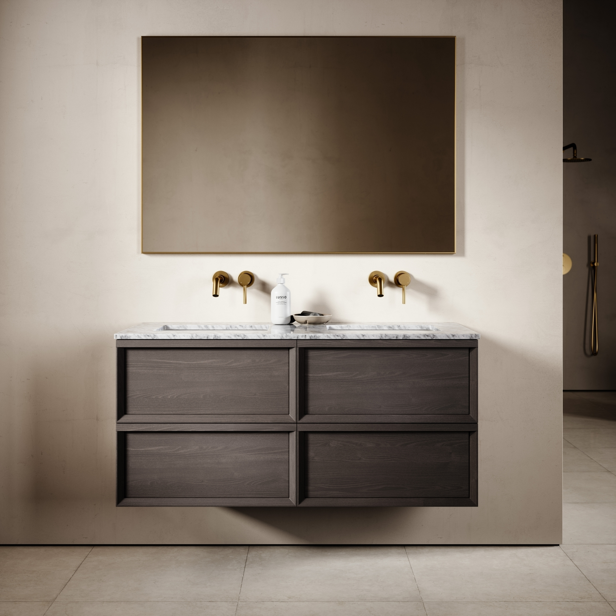 Unidade de banheiro de mármore AllandCabinet Gray Oak Carrara com vaidade de design pendurada na parede 1